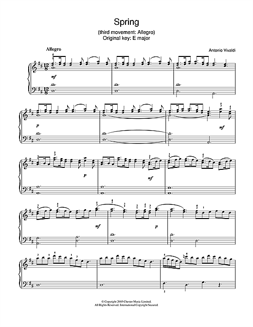 Antonio Vivaldi Spring 3rd Movement Allegro Sheet Music Pdf Notes Chords Classical Score Piano Solo Download Printable Sku 31913