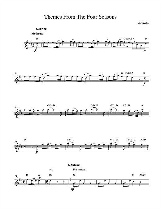 Antonio Vivaldi Themes from The Four Seasons sheet music notes and chords. Download Printable PDF.