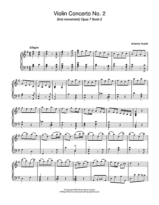 Learn to play Antonio Vivaldi Violin Concerto No.2 (1st Movement: Allegro Op.7, Book 2 sheet music for Piano Solo in minutes. Antonio Vivaldi Violin Concerto No.2 (1st Movement: Allegro Op.7, Book 2 sheet music notes and chords. Download Printable PDF.