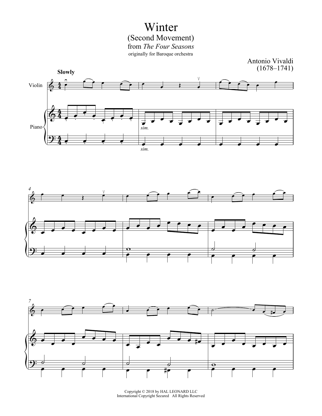 Antonio Vivaldi Winter from The Four Seasons (Second movement: Largo) sheet music notes and chords. Download Printable PDF.