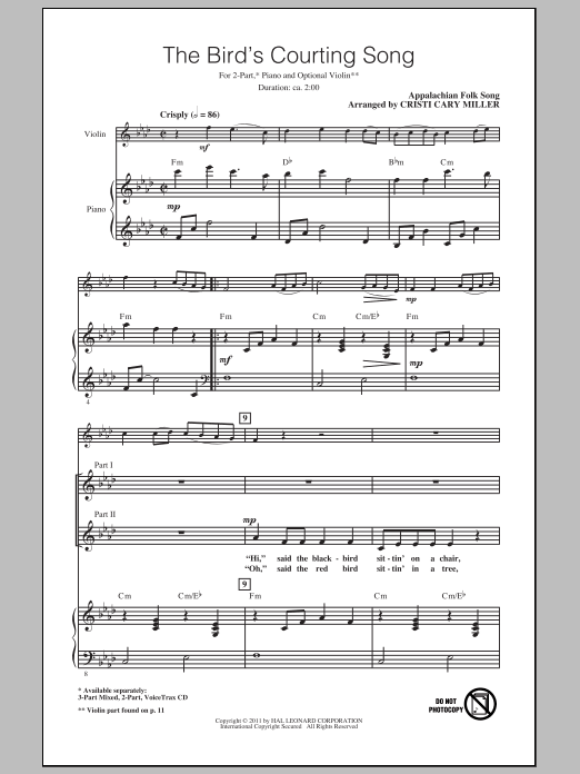 Learn to play Appalachian Folk Song The Bird's Courting Song (arr. Cristi Cary Miller) sheet music for 2-Part Choir in minutes. Appalachian Folk Song The Bird's Courting Song (arr. Cristi Cary Miller) sheet music notes and chords. Download Printable PDF.