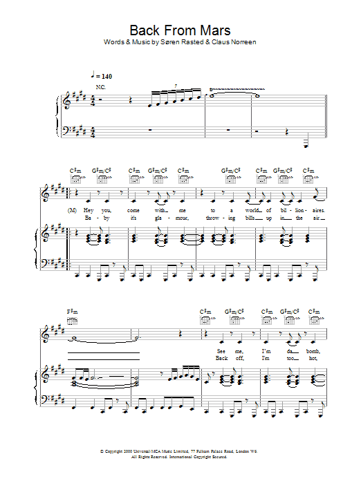 Aqua Back From Mars sheet music notes and chords. Download Printable PDF.