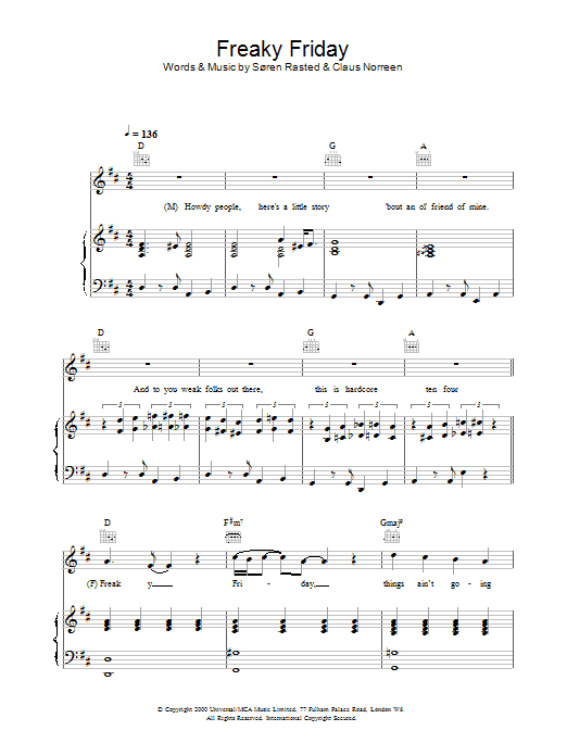 Aqua Freaky Friday sheet music notes and chords. Download Printable PDF.