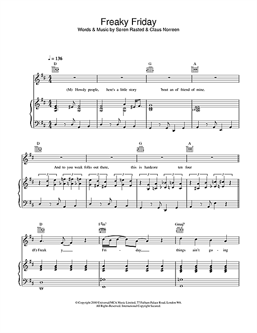 Aqua Freaky Friday sheet music notes and chords. Download Printable PDF.