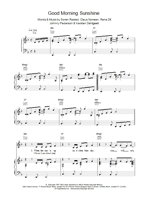 Aqua Good Morning Sunshine sheet music for Piano, Vocal & Guitar (Right-Hand Melody) in minutes. Price: 7.8900$ Aqua Good Morning Sunshine sheet music notes and chords. Download Printable PDF.