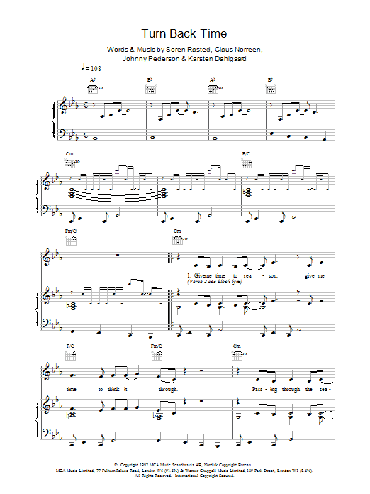Aqua Turn Back Time sheet music notes and chords. Download Printable PDF.