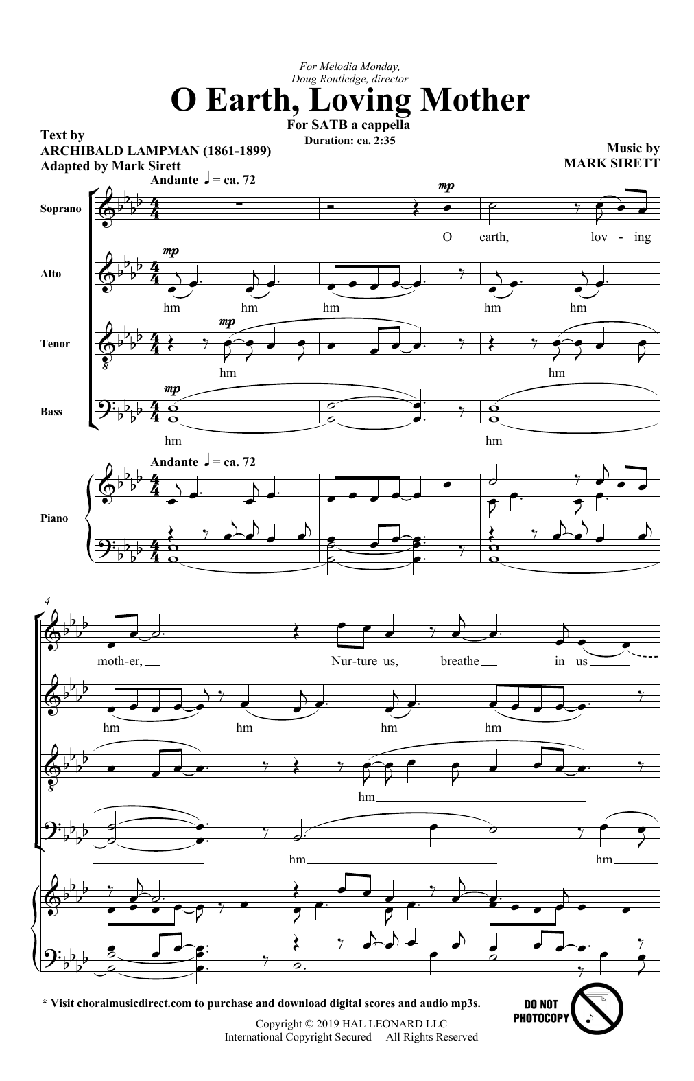 Learn to play Archibald Lampman and Mark Sirett O Earth, Loving Mother sheet music for SATB Choir in minutes. Price: 3.9900$ Archibald Lampman and Mark Sirett O Earth, Loving Mother sheet music notes and chords arranged for SATB Choir