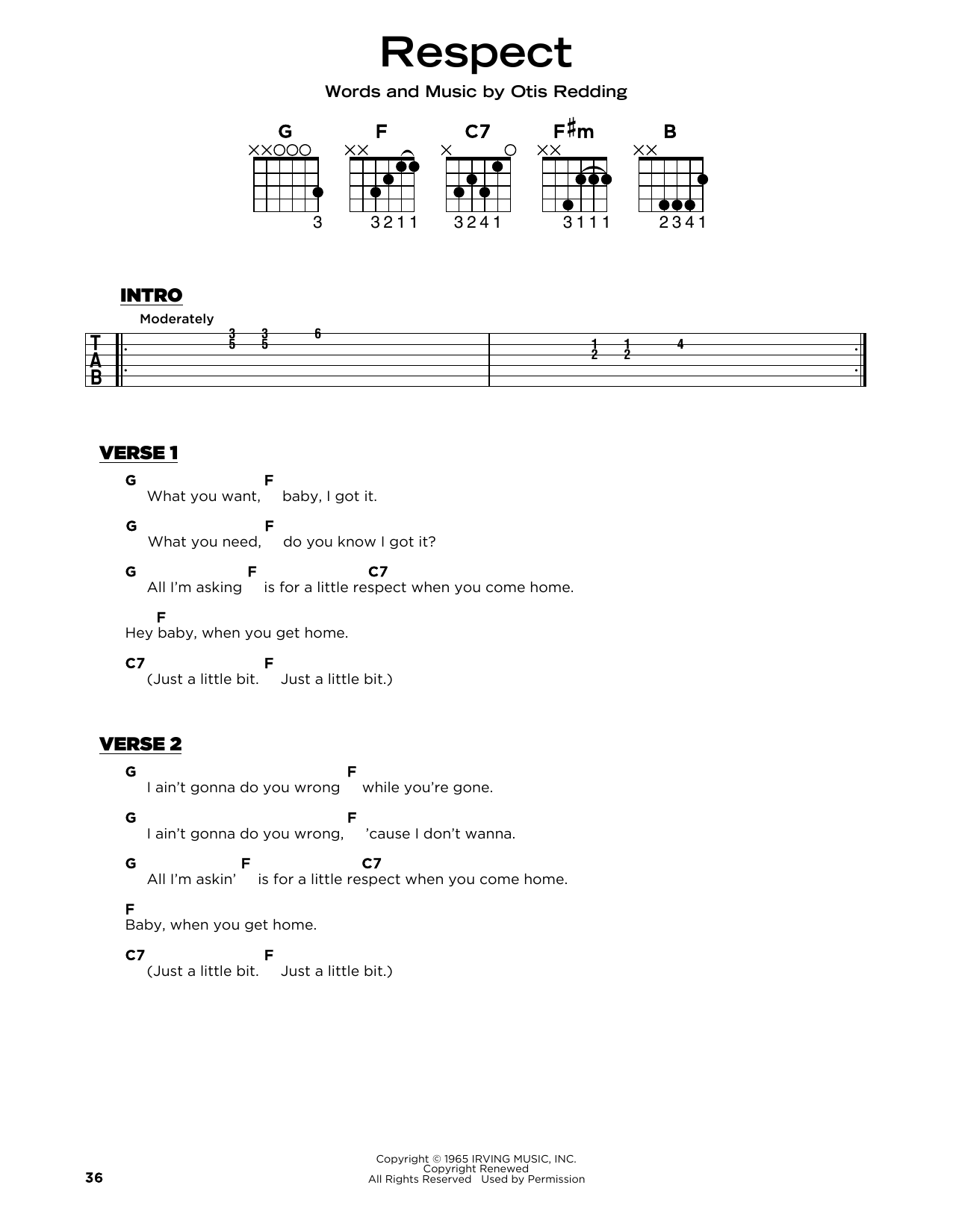 Aretha Franklin Respect sheet music notes and chords. Download Printable PDF.