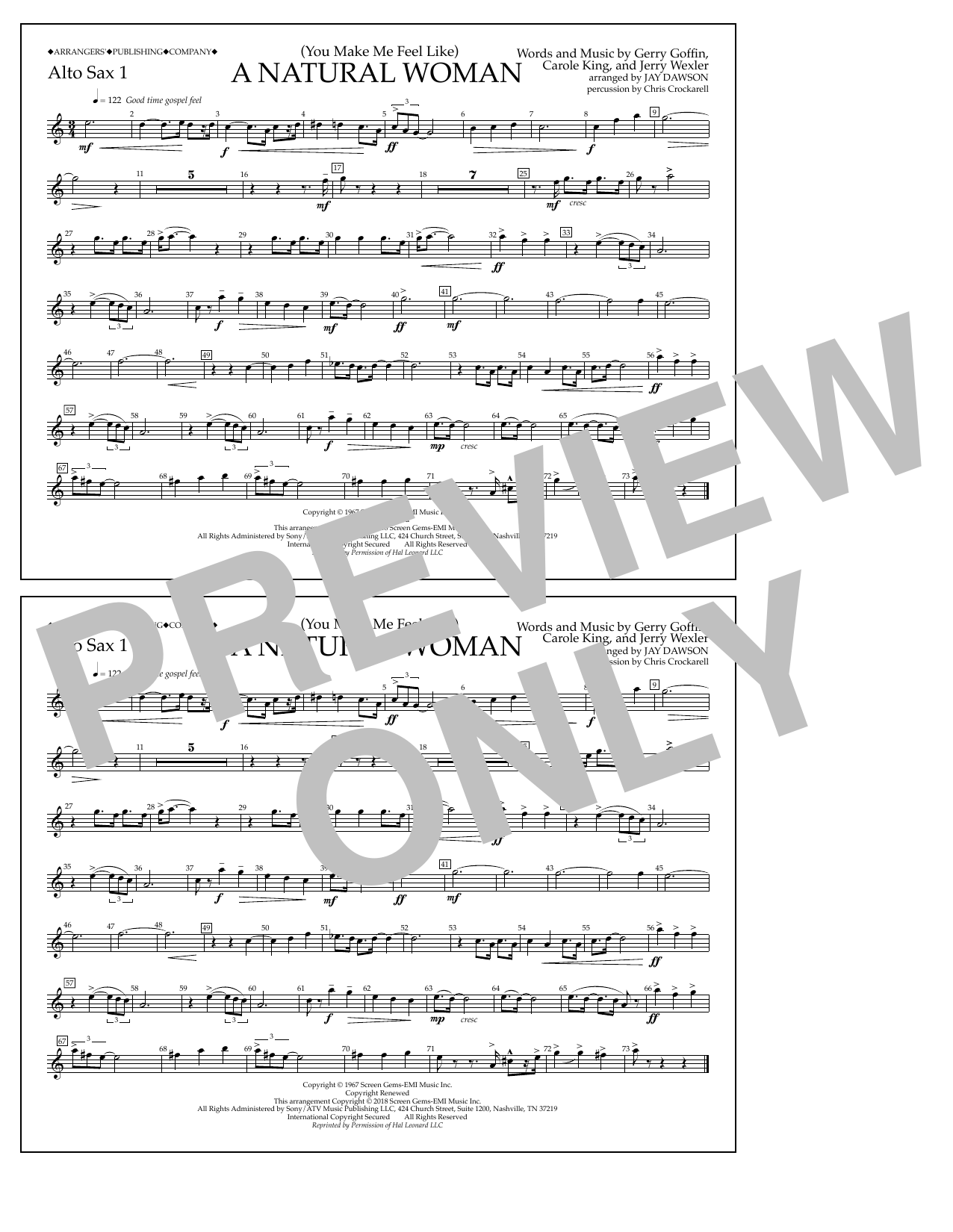 Learn to play Aretha Franklin (You Make Me Feel Like) A Natural Woman (arr. Jay Dawson) - Alto Sax 1 sheet music for Marching Band in minutes. Price: 7.8900$ Aretha Franklin (You Make Me Feel Like) A Natural Woman (arr. Jay Dawson) - Alto Sax 1 sheet music notes and chords arranged for Marching Band