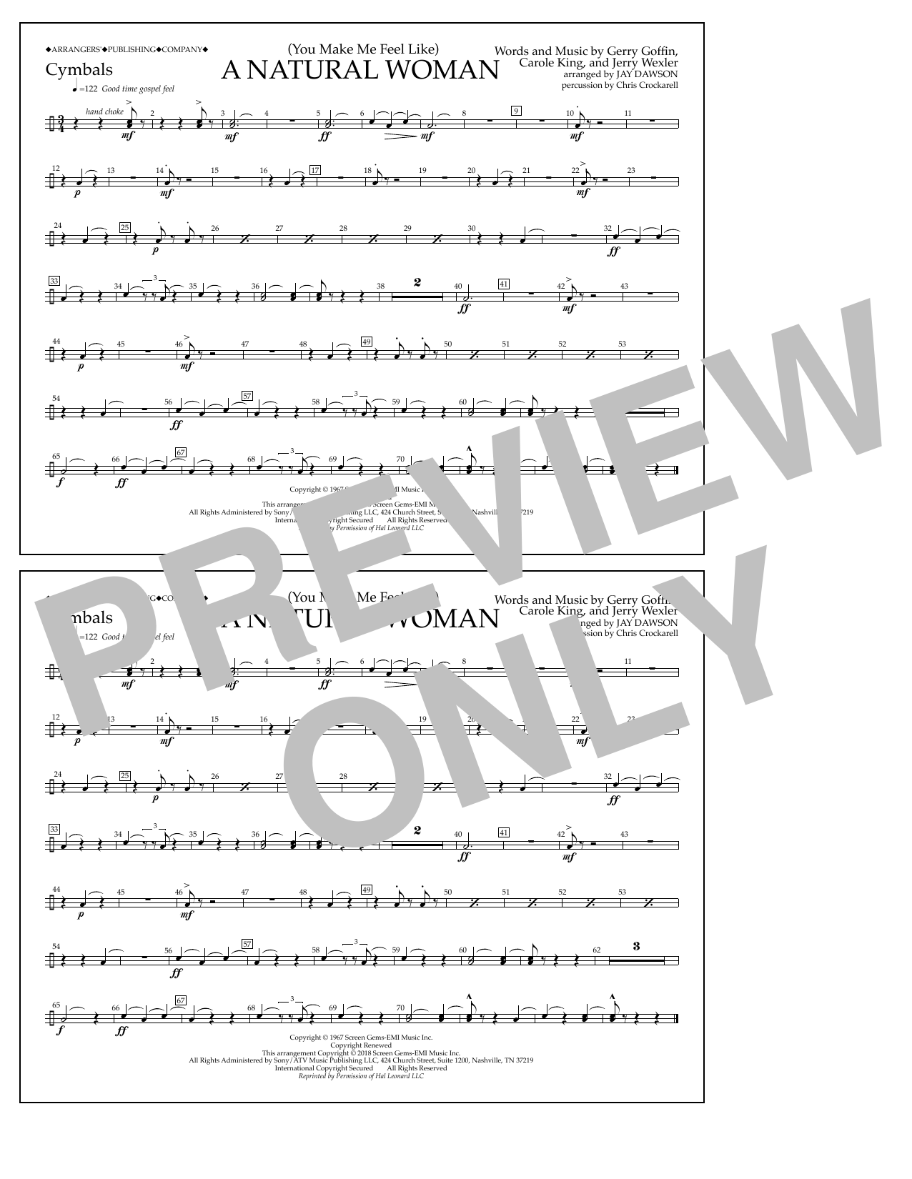Learn to play Aretha Franklin (You Make Me Feel Like) A Natural Woman (arr. Jay Dawson) - Cymbals sheet music for Marching Band in minutes. Price: 7.8900$ Aretha Franklin (You Make Me Feel Like) A Natural Woman (arr. Jay Dawson) - Cymbals sheet music notes and chords arranged for Marching Band