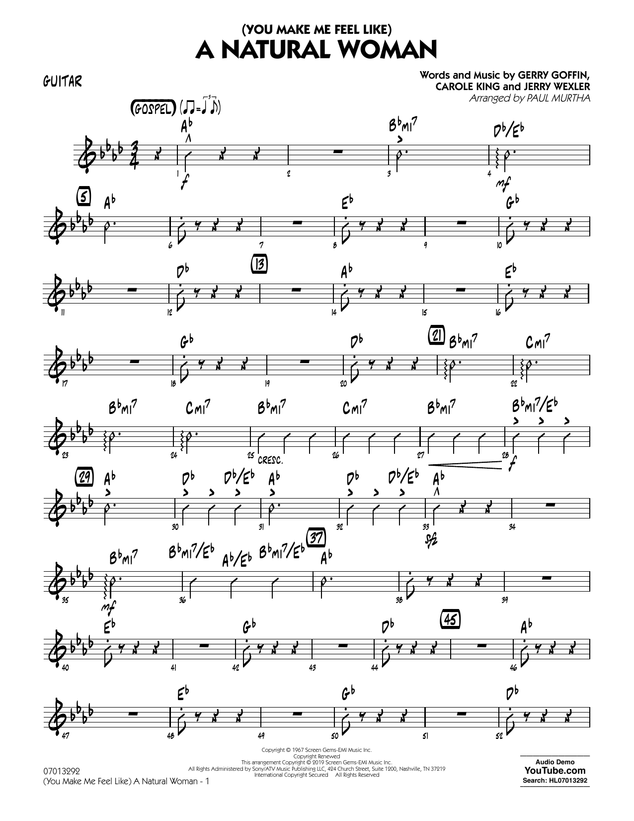 Learn to play Aretha Franklin (You Make Me Feel Like) A Natural Woman (arr. Paul Murtha) - Guitar sheet music for Jazz Ensemble in minutes. Aretha Franklin (You Make Me Feel Like) A Natural Woman (arr. Paul Murtha) - Guitar sheet music notes and chords. Download Printable PDF.