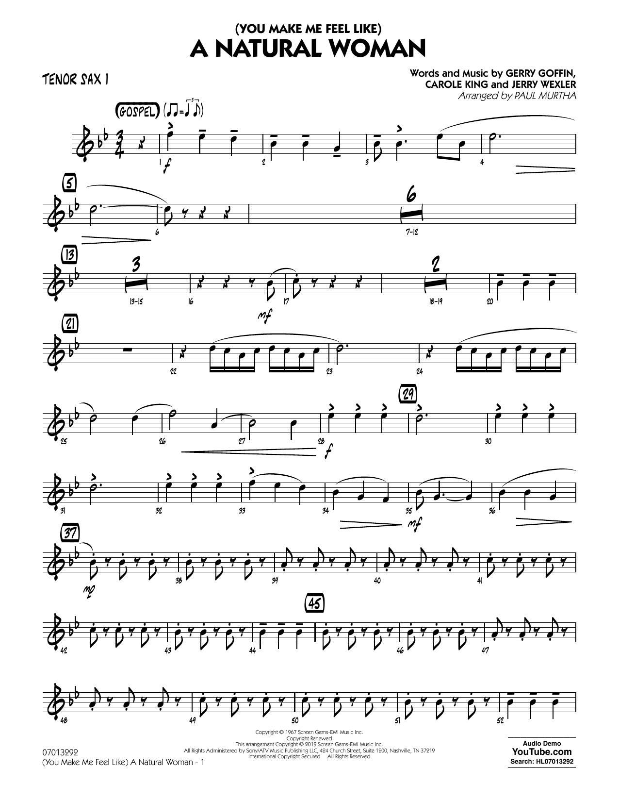 Learn to play Aretha Franklin (You Make Me Feel Like) A Natural Woman (arr. Paul Murtha) - Tenor Sax 1 sheet music for Jazz Ensemble in minutes. Aretha Franklin (You Make Me Feel Like) A Natural Woman (arr. Paul Murtha) - Tenor Sax 1 sheet music notes and chords. Download Printable PDF.