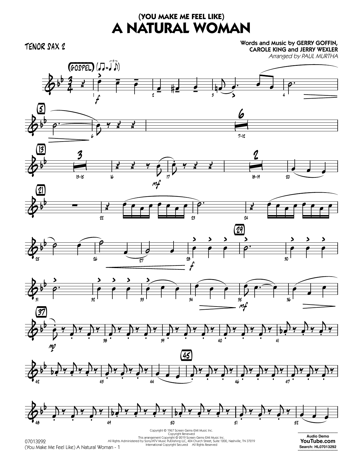 Learn to play Aretha Franklin (You Make Me Feel Like) A Natural Woman (arr. Paul Murtha) - Tenor Sax 2 sheet music for Jazz Ensemble in minutes. Aretha Franklin (You Make Me Feel Like) A Natural Woman (arr. Paul Murtha) - Tenor Sax 2 sheet music notes and chords. Download Printable PDF.