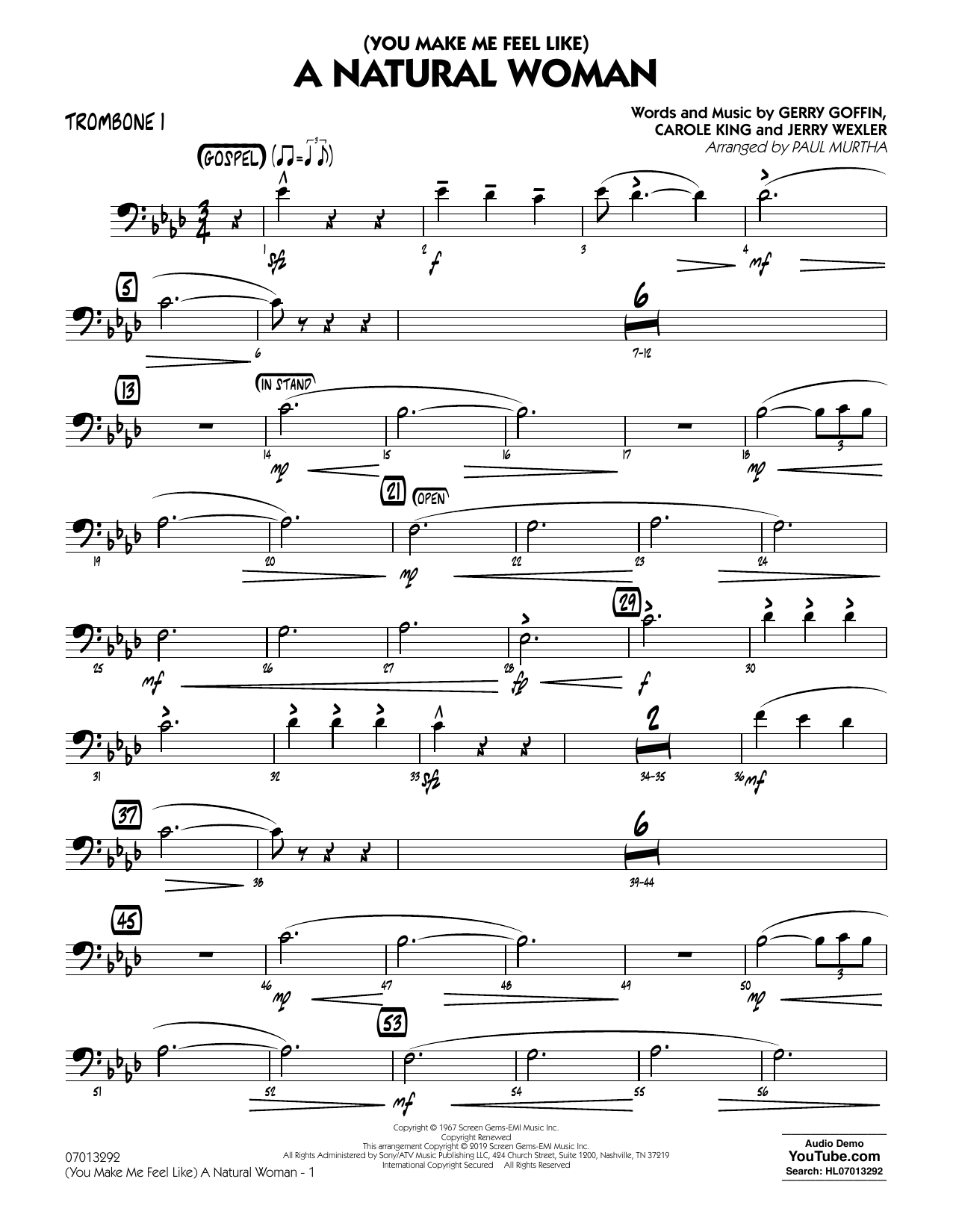 Learn to play Aretha Franklin (You Make Me Feel Like) A Natural Woman (arr. Paul Murtha) - Trombone 1 sheet music for Jazz Ensemble in minutes. Aretha Franklin (You Make Me Feel Like) A Natural Woman (arr. Paul Murtha) - Trombone 1 sheet music notes and chords. Download Printable PDF.