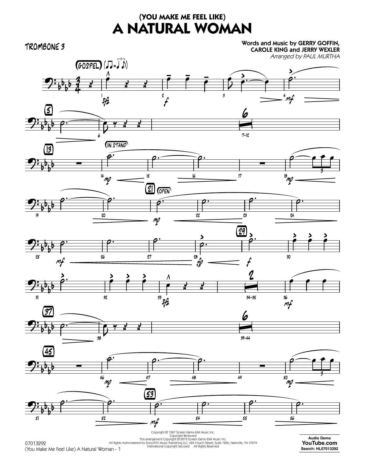 Learn to play Aretha Franklin (You Make Me Feel Like) A Natural Woman (arr. Paul Murtha) - Trombone 3 sheet music for Jazz Ensemble in minutes. Aretha Franklin (You Make Me Feel Like) A Natural Woman (arr. Paul Murtha) - Trombone 3 sheet music notes and chords. Download Printable PDF.