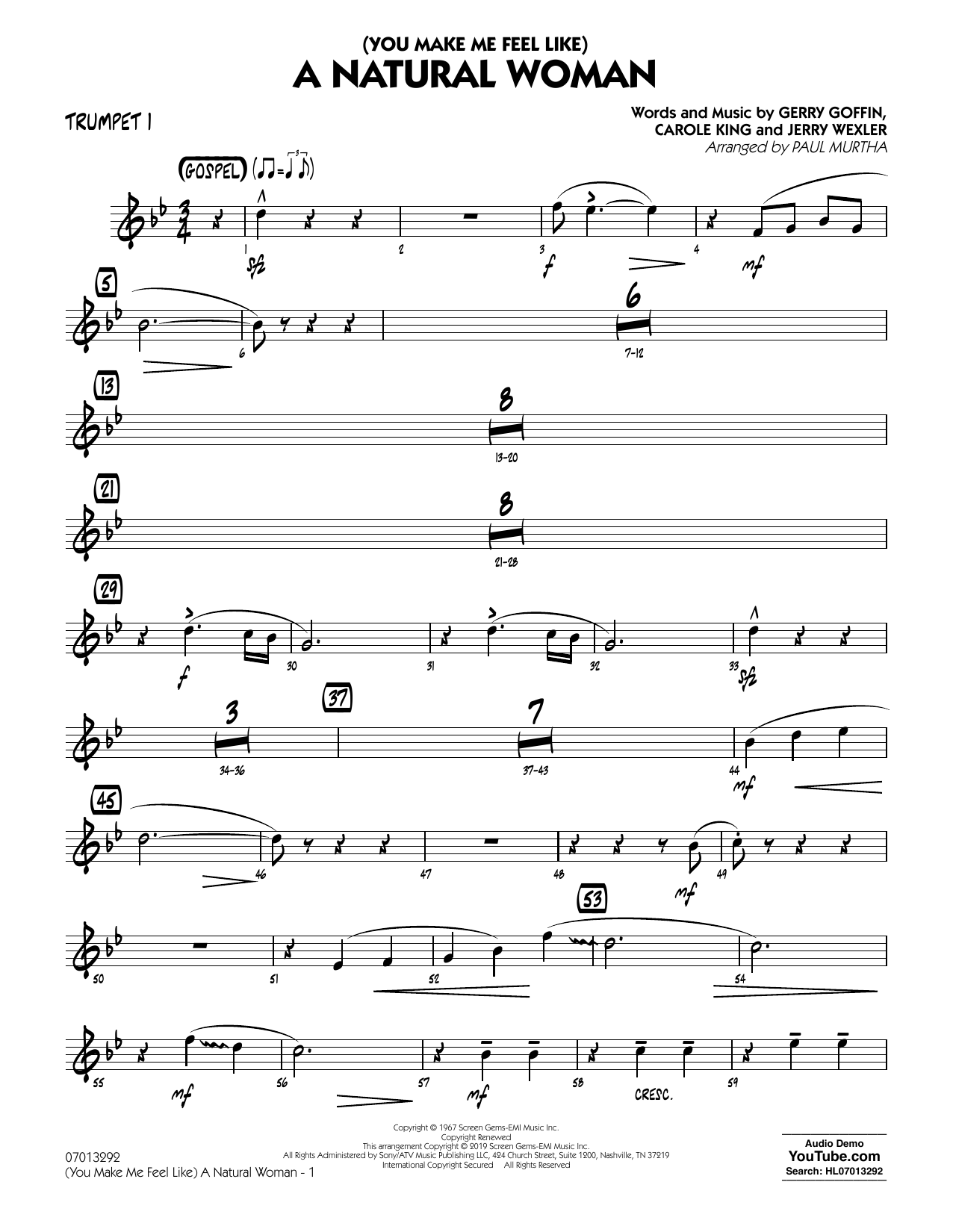 Learn to play Aretha Franklin (You Make Me Feel Like) A Natural Woman (arr. Paul Murtha) - Trumpet 1 sheet music for Jazz Ensemble in minutes. Aretha Franklin (You Make Me Feel Like) A Natural Woman (arr. Paul Murtha) - Trumpet 1 sheet music notes and chords. Download Printable PDF.