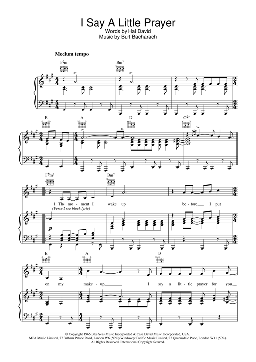 Aretha Franklin I Say A Little Prayer sheet music notes and chords. Download Printable PDF.