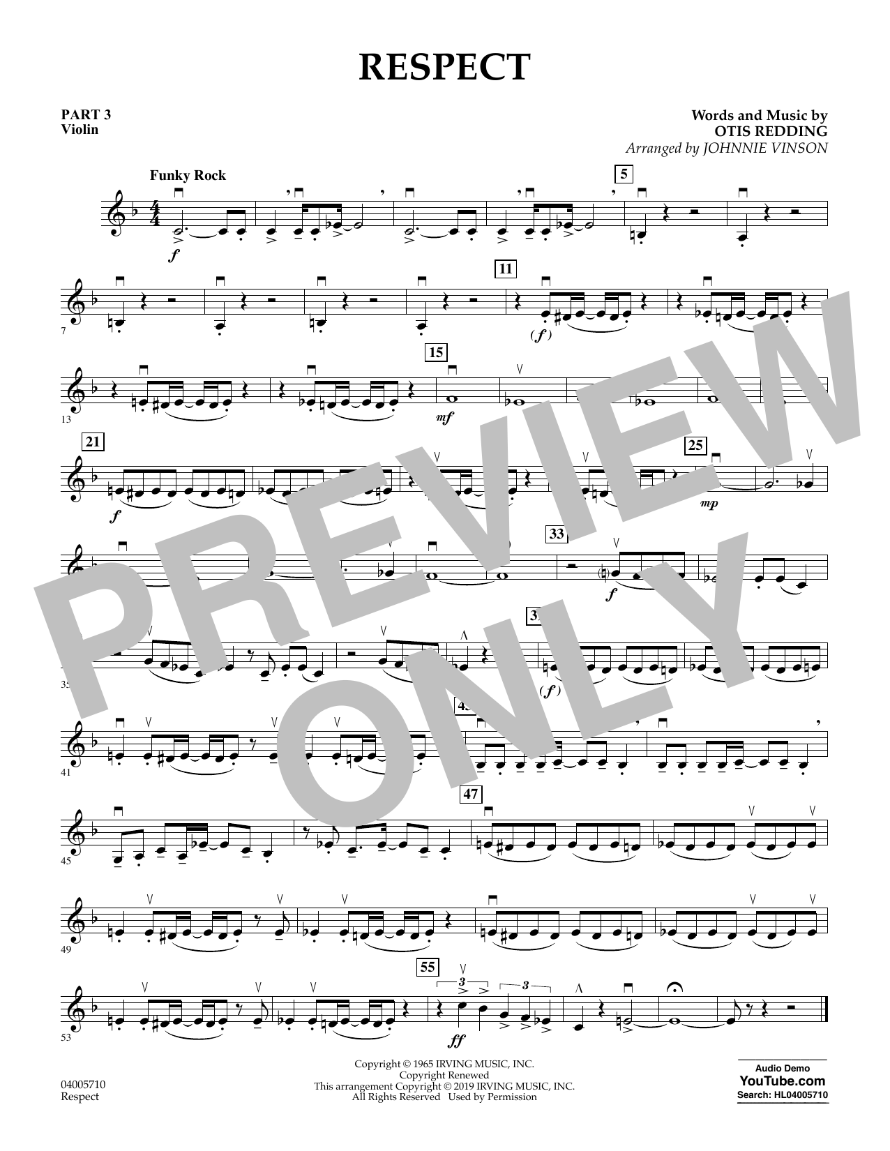 Aretha Franklin Respect Arr Johnnie Vinson Pt 3 Violin Sheet Music Pdf Notes Chords Pop Score Concert Band Download Printable