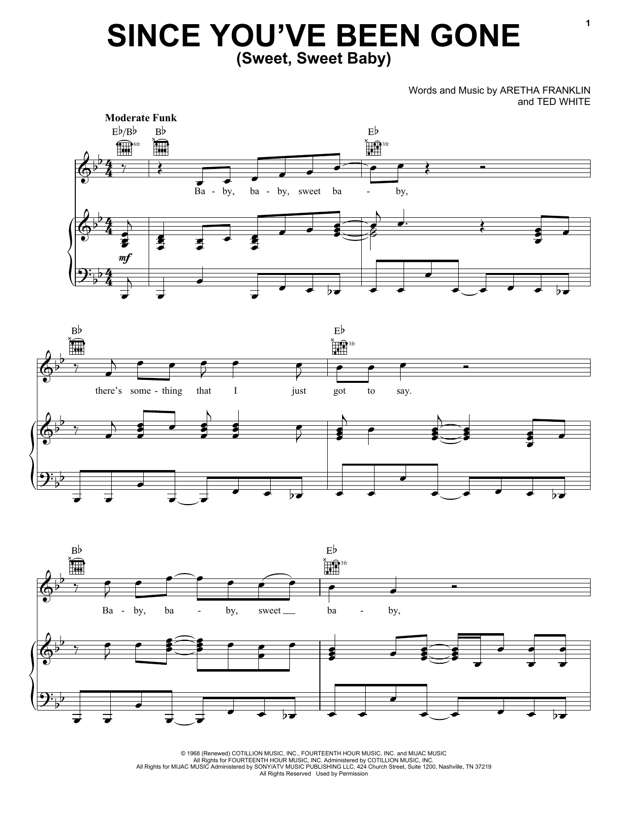 Aretha Franklin Since You Ve Been Gone Sweet Sweet Baby Sheet Music Pdf Notes Chords Pop Score Piano Vocal Guitar Right Hand Melody Download Printable Sku 1587