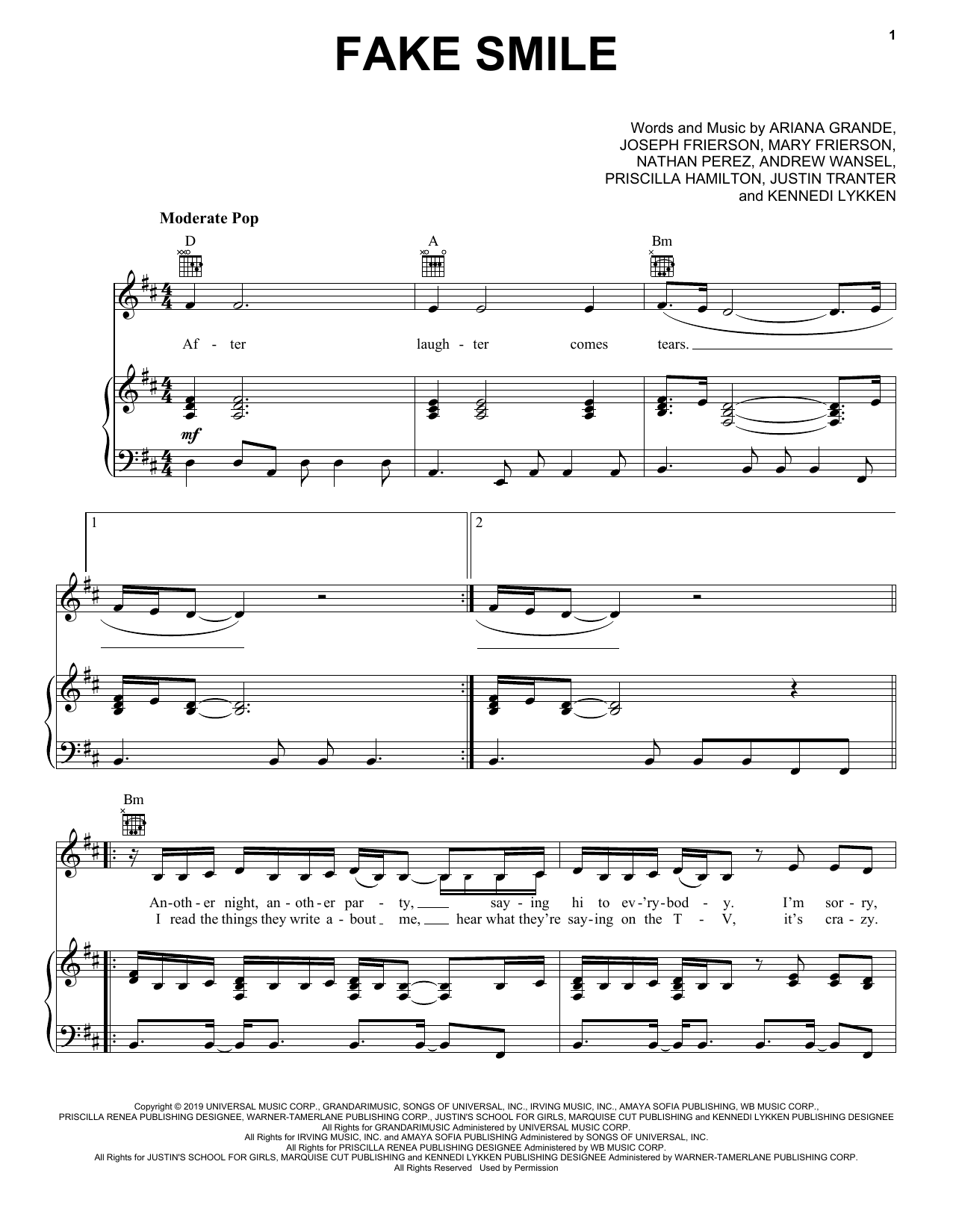 Ariana Grande Fake Smile Sheet Music Notes Chords Download Printable Piano Vocal Guitar Right Hand Melody Sku 411535