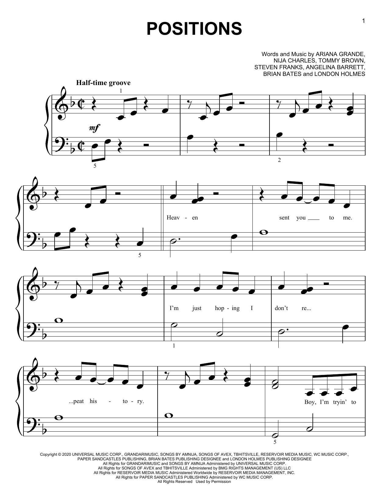 Ariana Grande positions sheet music notes and chords. Download Printable PDF.