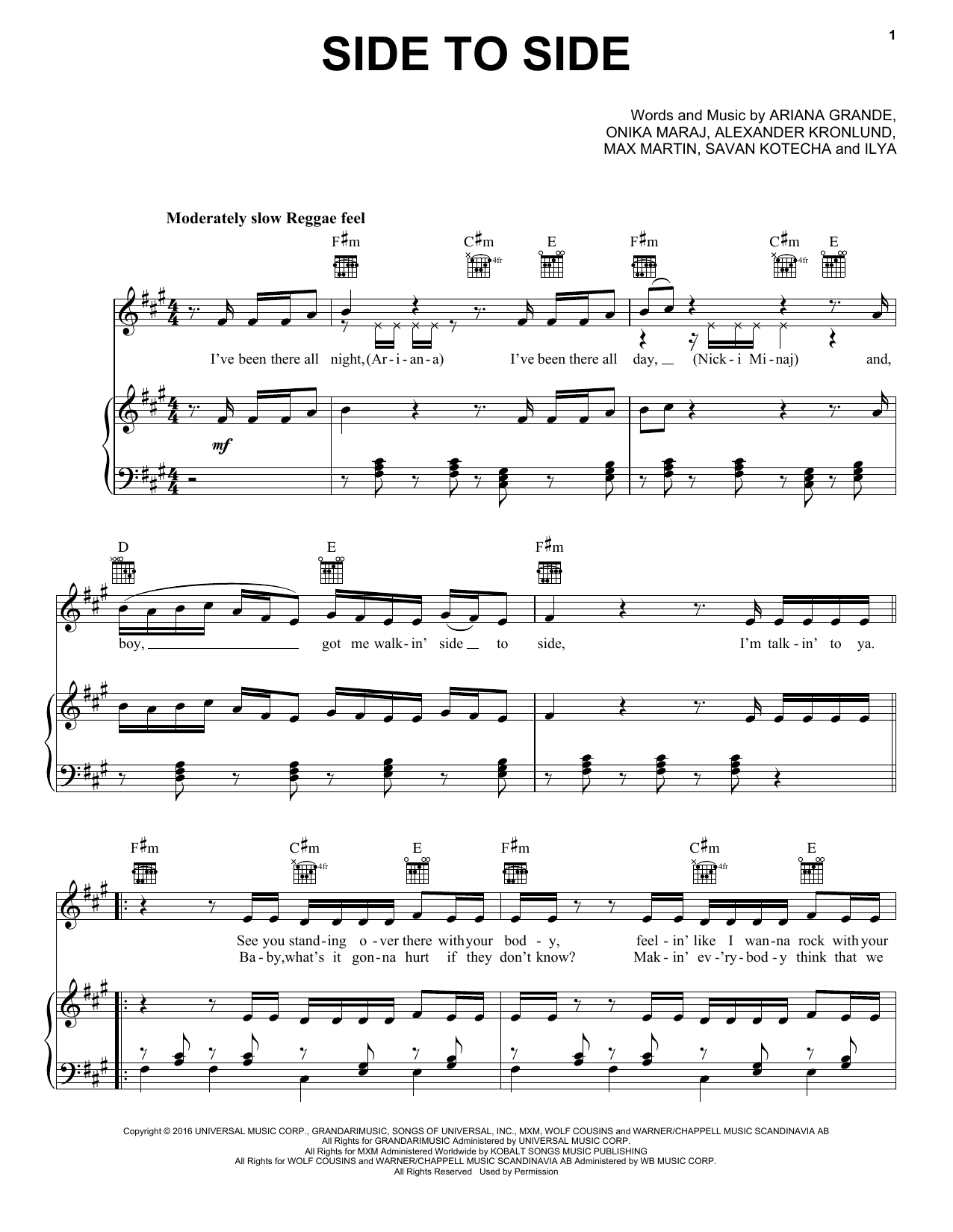 Ariana Grande Feat Nicki Minaj Side To Side Sheet Music Notes Chords Download Printable Easy Piano Sku 181190