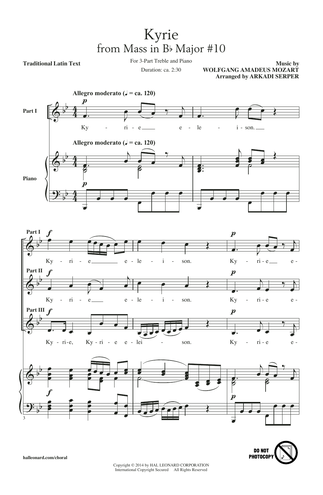 Learn to play Arkadi Serper Kyrie (From The Mass In B-Flat Major #10) sheet music for 3-Part Treble Choir in minutes. Price: 3.9900$ Arkadi Serper Kyrie (From The Mass In B-Flat Major #10) sheet music notes and chords arranged for 3-Part Treble Choir