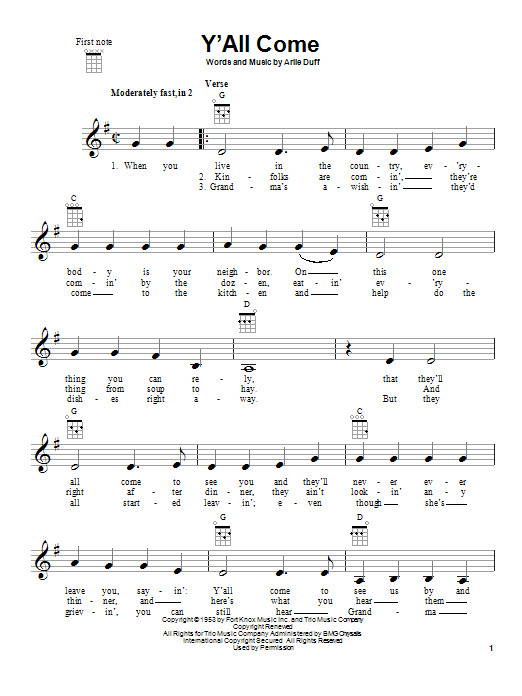 Arlie Duff Y'All Come sheet music notes and chords. Download Printable PDF.