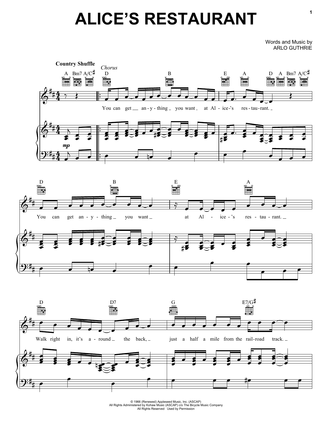 Arlo Guthrie Alice's Restaurant sheet music notes and chords. Download Printable PDF.