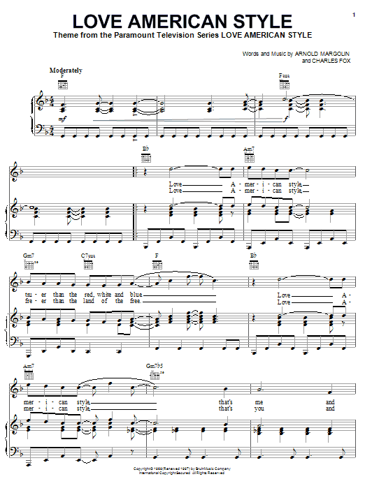 Preview Arnold Margolin Love American Style (from the TV Series) Film and TV sheet music, notes and chords for Piano, Vocal & Guitar (Right-Hand Melody), SKU: 16664 sheet music, piano notes, chords, guitar tabs, score, transpose, transcribe, how to play, guide, download, learn, tutorial, progression, song, artist, awards, billboard, mtv, vh1, tour, single, album, release