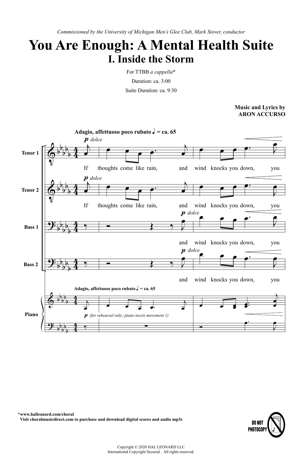 Learn to play Aron Accurso You Are Enough: A Mental Health Suite sheet music for TTBB Choir in minutes. Price: 6.4900$ Aron Accurso You Are Enough: A Mental Health Suite sheet music notes and chords arranged for TTBB Choir