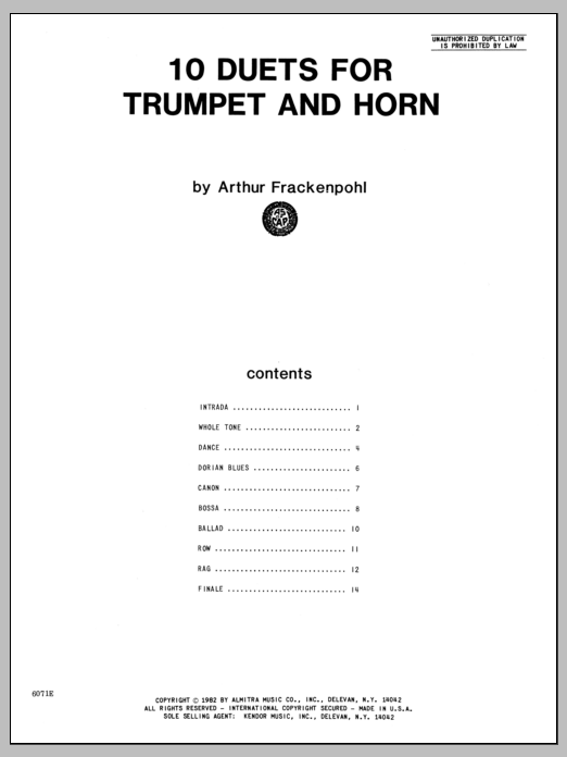 Learn to play Arthur Frackenpohl 10 Duets For Trumpet And Horn sheet music for Brass Ensemble in minutes. Arthur Frackenpohl 10 Duets For Trumpet And Horn sheet music notes and chords. Download Printable PDF.
