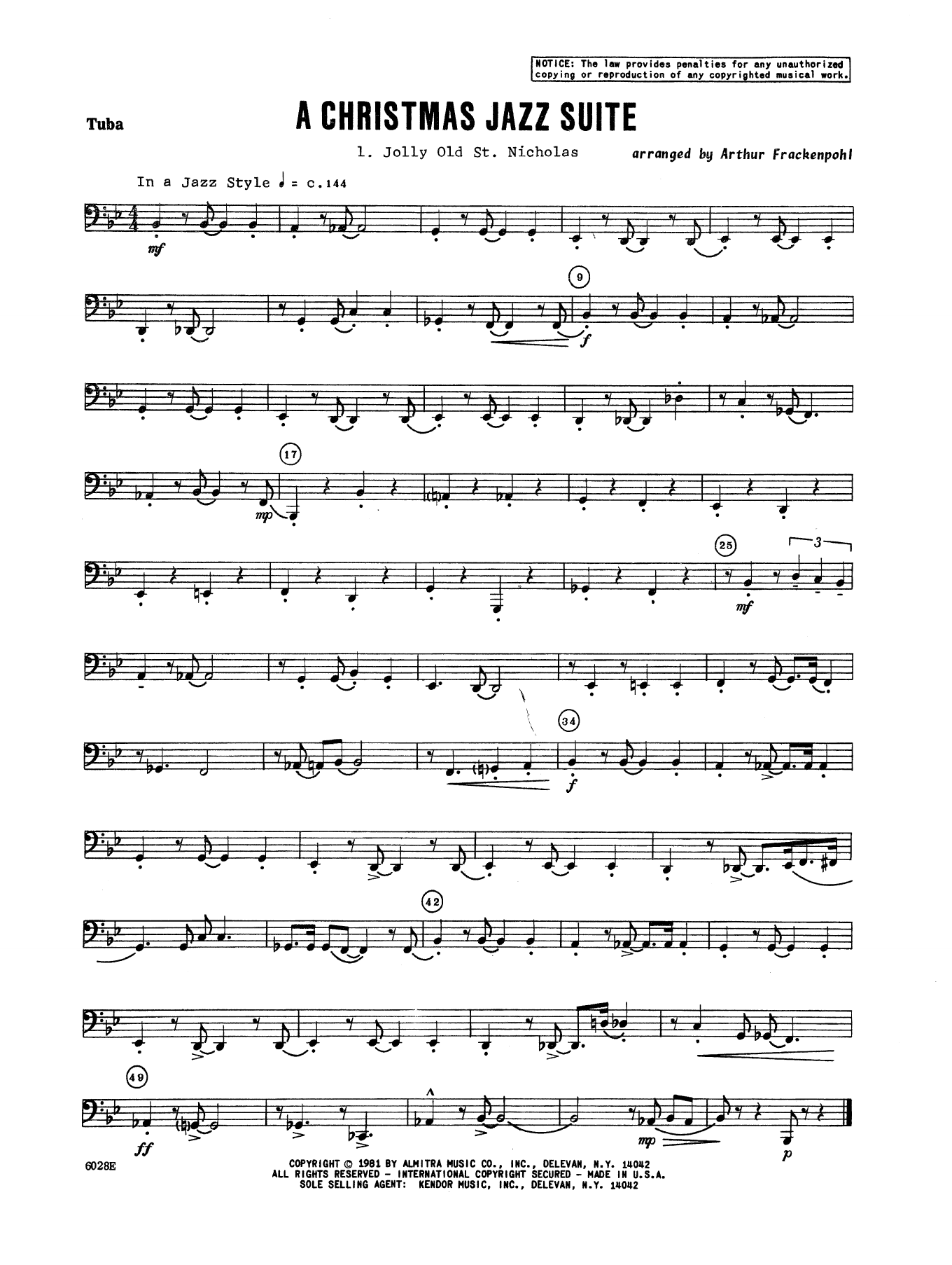 Arthur Frackenpohl Christmas Jazz Suite - Tuba sheet music notes and chords. Download Printable PDF.