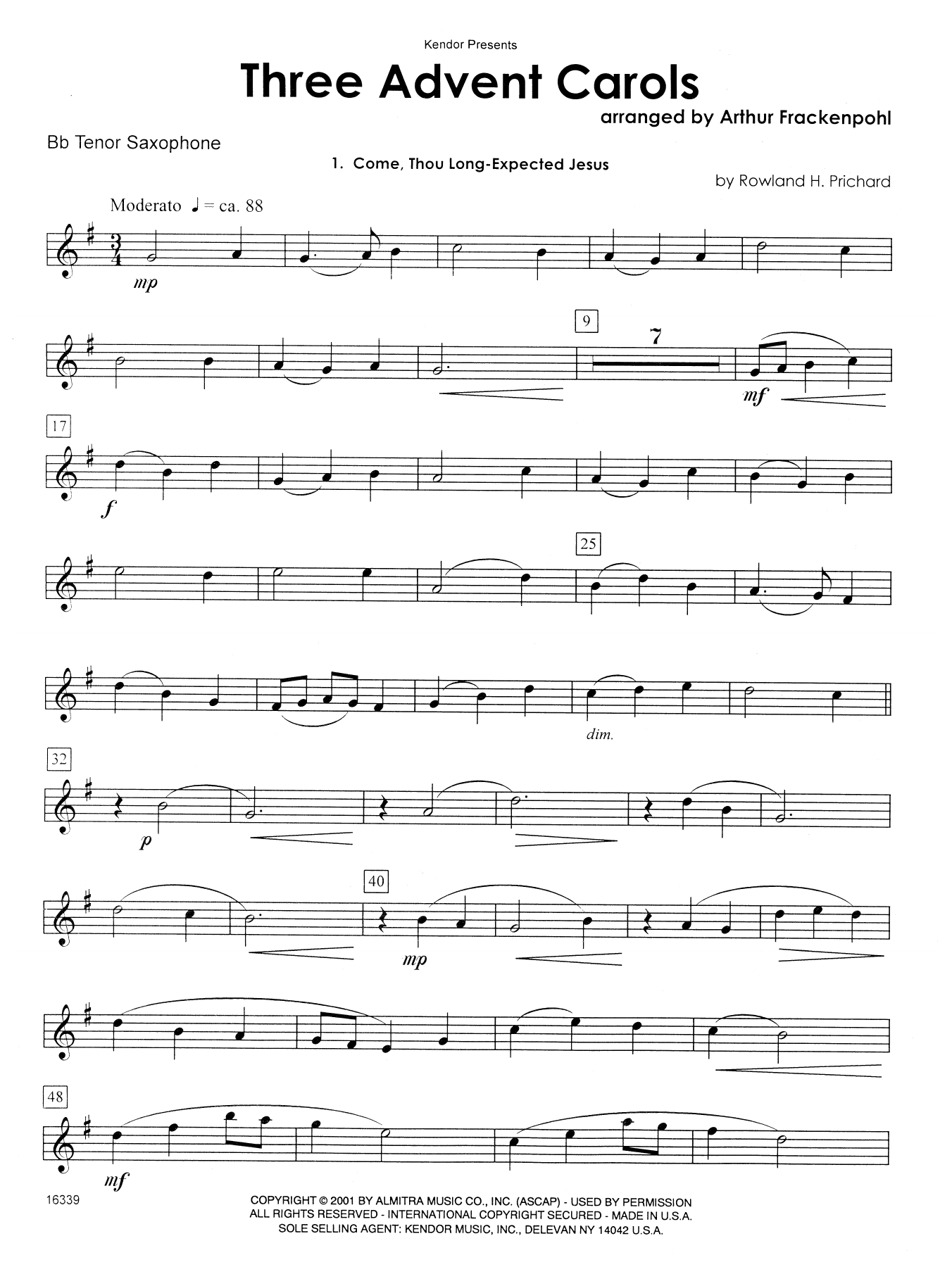 Arthur Frackenpohl Three Advent Carols - Bb Tenor Saxophone sheet music notes and chords. Download Printable PDF.