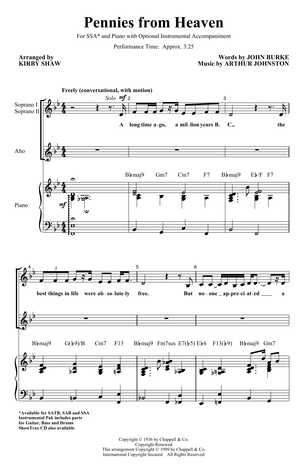 Learn to play Arthur Johnston Pennies From Heaven (arr. Kirby Shaw) sheet music for SAB Choir in minutes. Price: 3.9900$ Arthur Johnston Pennies From Heaven (arr. Kirby Shaw) sheet music notes and chords arranged for SAB Choir
