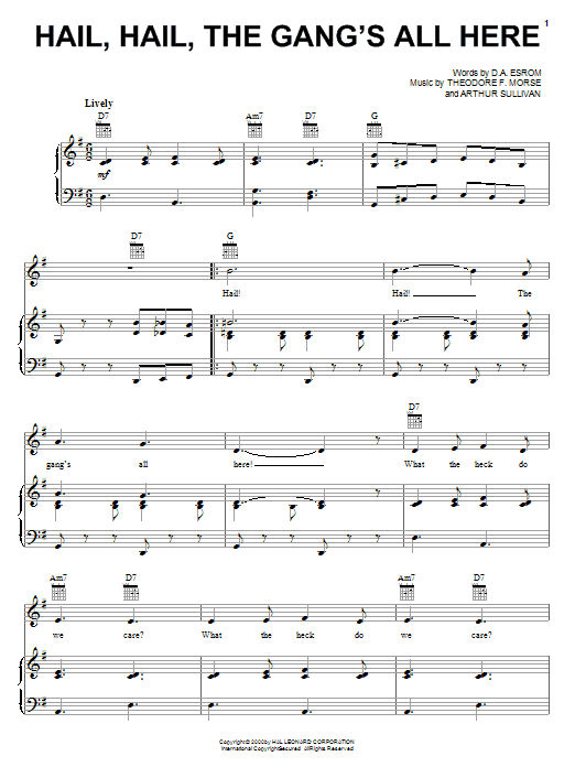 Learn to play Arthur Seymour Sullivan Hail, Hail, The Gang's All Here sheet music for Lead Sheet / Fake Book in minutes. Price: 5.9900$ Arthur Seymour Sullivan Hail, Hail, The Gang's All Here sheet music notes and chords arranged for Lead Sheet / Fake Book