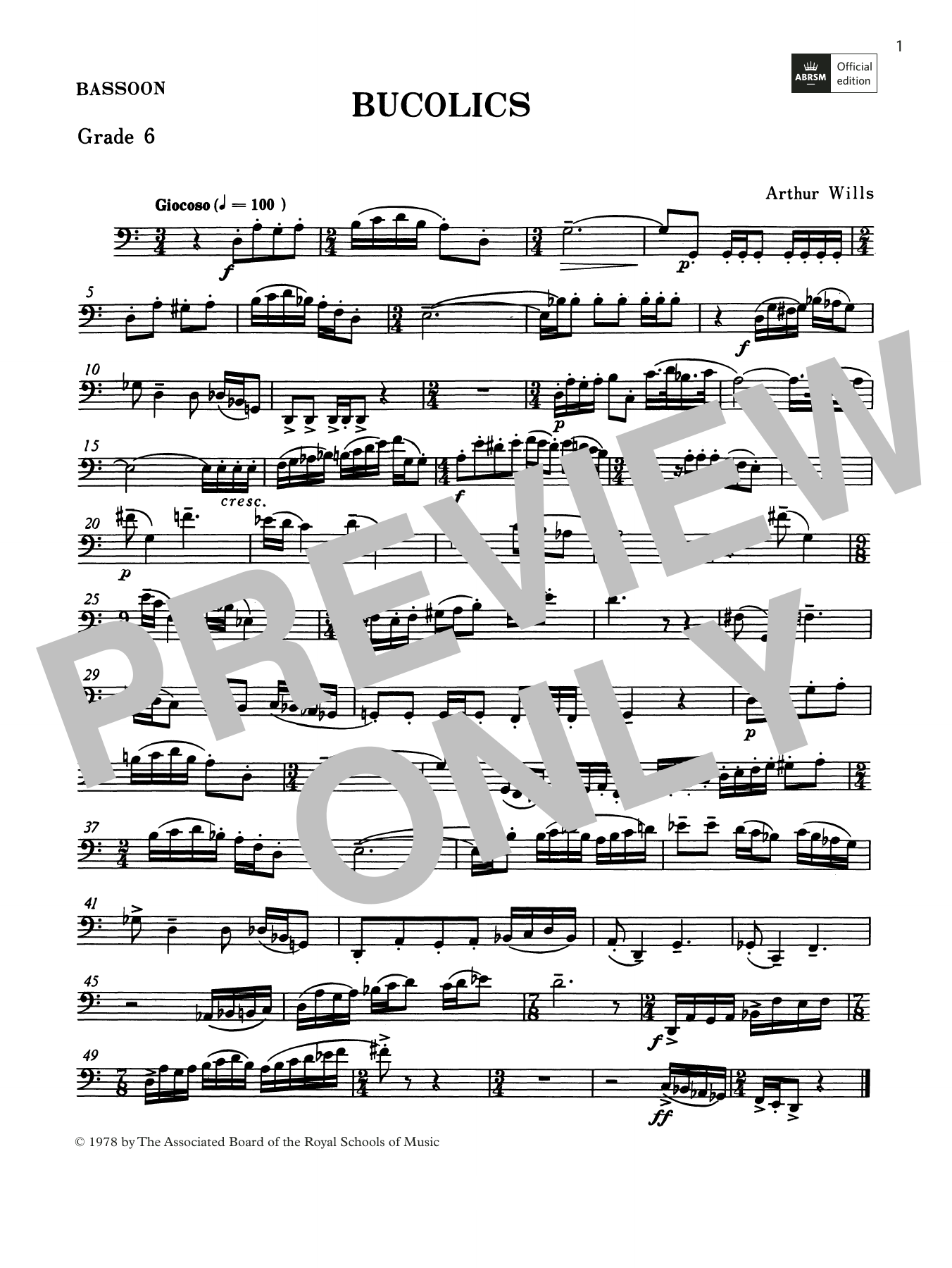 Learn to play Arthur Wills Bucolics (Grade 6 List C10 from the ABRSM Bassoon syllabus from 2022) sheet music for Woodwind Solo in minutes. Price: 6.9900$ Arthur Wills Bucolics (Grade 6 List C10 from the ABRSM Bassoon syllabus from 2022) sheet music notes and chords arranged for Woodwind Solo