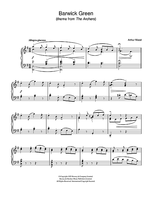 Learn to play Arthur Wood Barwick Green (theme from The Archers) sheet music for Piano Solo in minutes. Price: 6.9900$ Arthur Wood Barwick Green (theme from The Archers) sheet music notes and chords. Download Printable PDF.