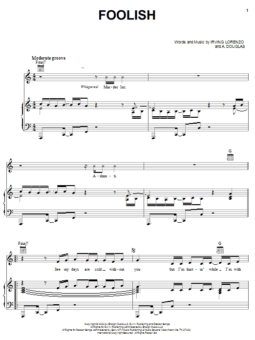 Learn to play Ashanti Foolish sheet music for Piano, Vocal & Guitar (Right-Hand Melody) in minutes. Ashanti Foolish sheet music notes and chords
