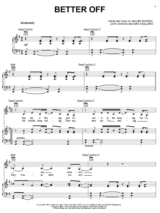 Ashlee Simpson Better Off sheet music notes and chords. Download Printable PDF.