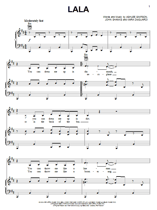 Ashlee Simpson Lala sheet music notes and chords. Download Printable PDF.