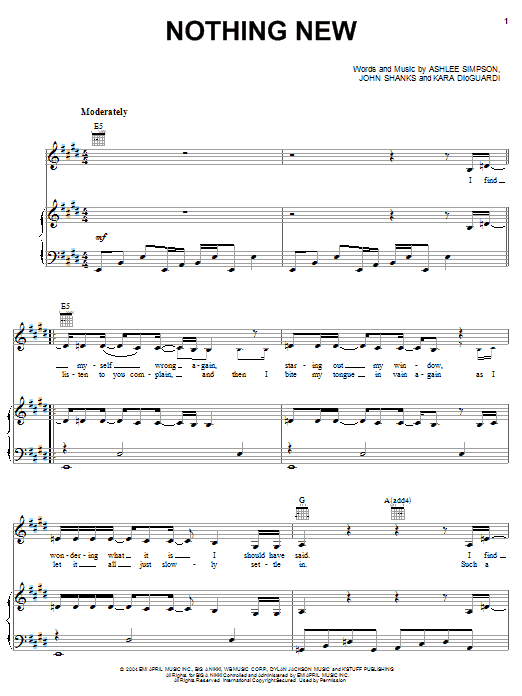 Ashlee Simpson Nothing New sheet music notes and chords. Download Printable PDF.