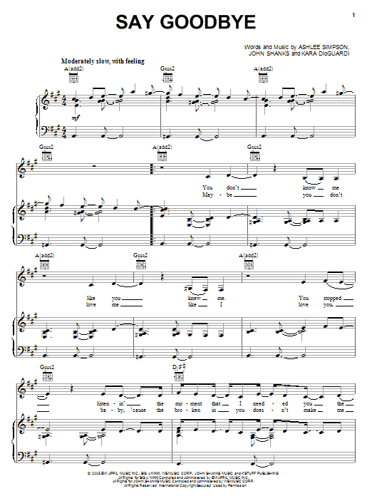 Ashlee Simpson Say Goodbye sheet music notes and chords. Download Printable PDF.