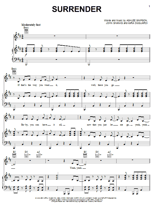 Ashlee Simpson Surrender sheet music notes and chords. Download Printable PDF.