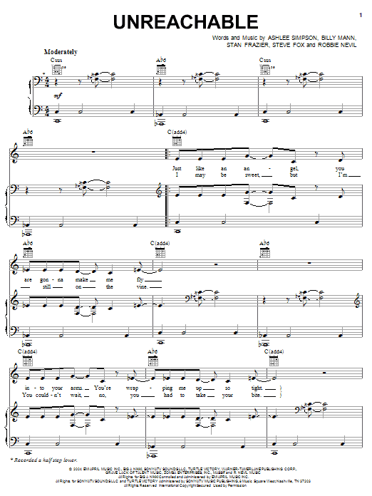 Ashlee Simpson Unreachable sheet music notes and chords. Download Printable PDF.