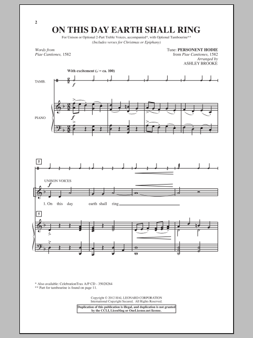 Learn to play Ashley Brooke On This Day Earth Shall Ring sheet music for Unison Choir in minutes. Price: 3.9900$ Ashley Brooke On This Day Earth Shall Ring sheet music notes and chords arranged for Unison Choir