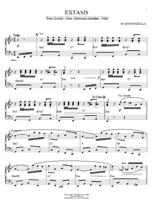 Astor Piazzolla Extasis sheet music notes and chords. Download Printable PDF.