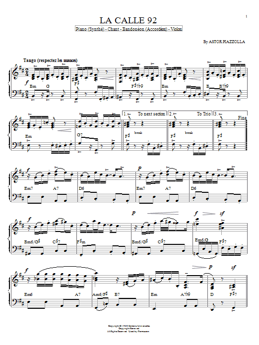 Learn to play Astor Piazzolla La Calle 92 sheet music for Piano Solo in minutes. Astor Piazzolla La Calle 92 sheet music notes and chords. Download Printable PDF.