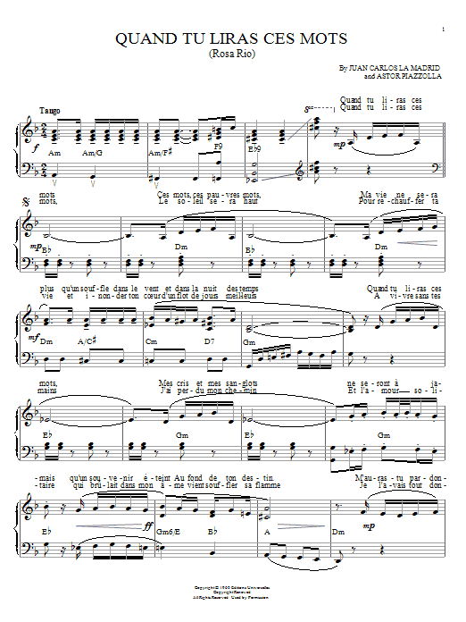 Learn to play Astor Piazzolla Quand tu liras ces mots (Rosa Rio) sheet music for Piano Solo in minutes. Astor Piazzolla Quand tu liras ces mots (Rosa Rio) sheet music notes and chords. Download Printable PDF.
