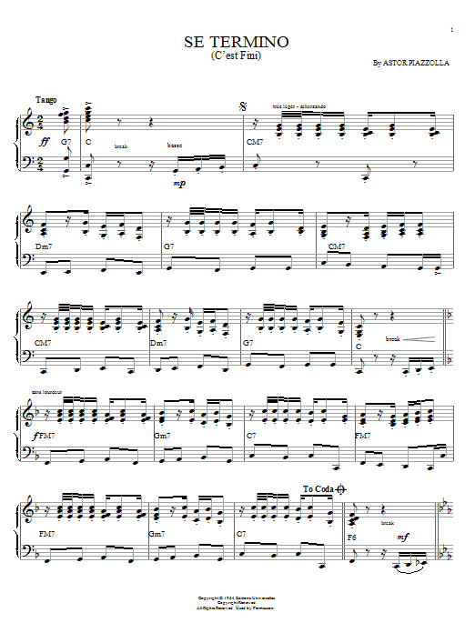 Learn to play Astor Piazzolla Se Termino (C'est fini) sheet music for Piano Solo in minutes. Astor Piazzolla Se Termino (C'est fini) sheet music notes and chords. Download Printable PDF.